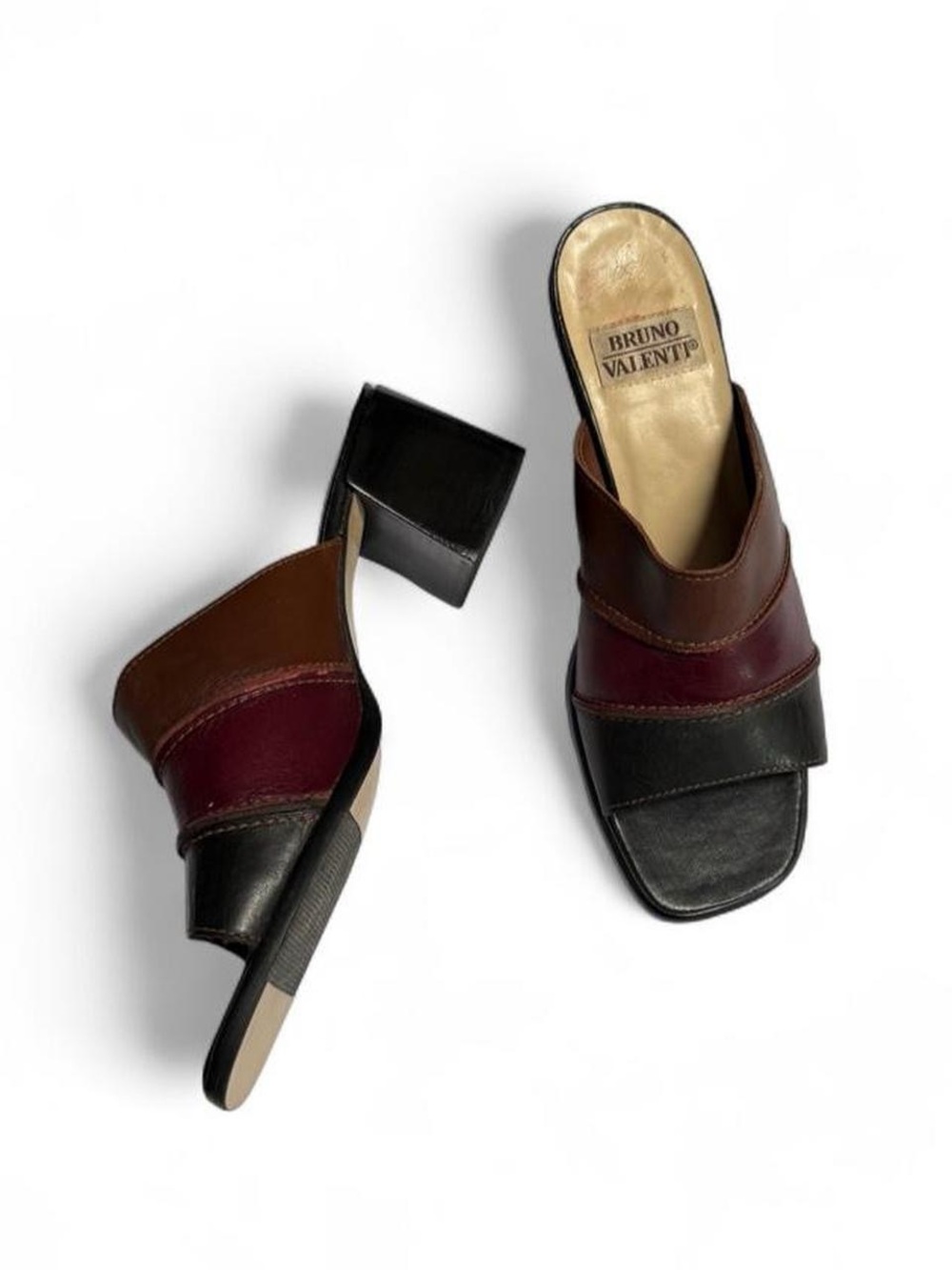 Vintage Bruno Valenti Patchwork Leather Mules Square Toe Block Heel Sandals 7.5